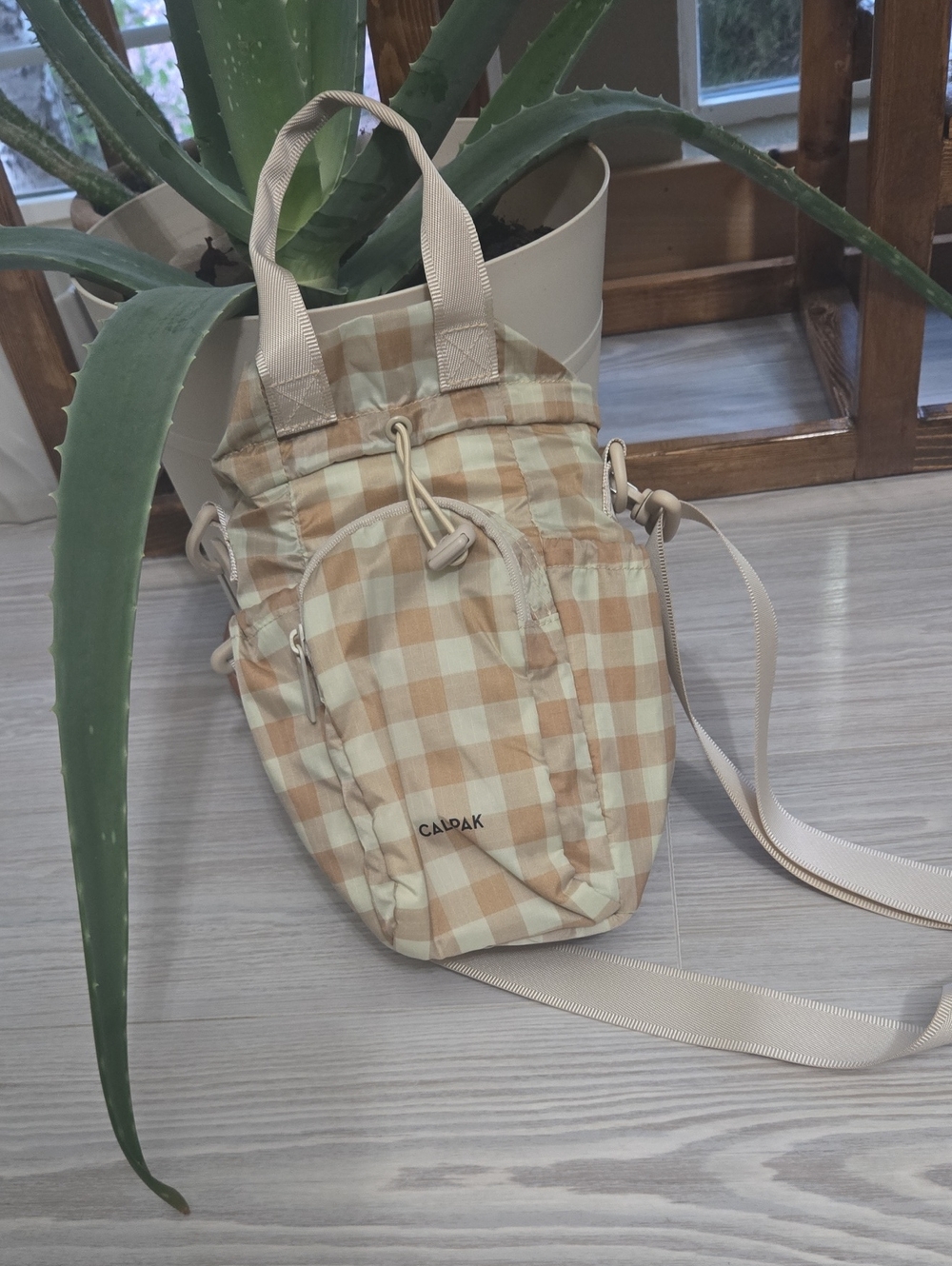 Calpak Beige and Cream Gingham Crossbody Bag